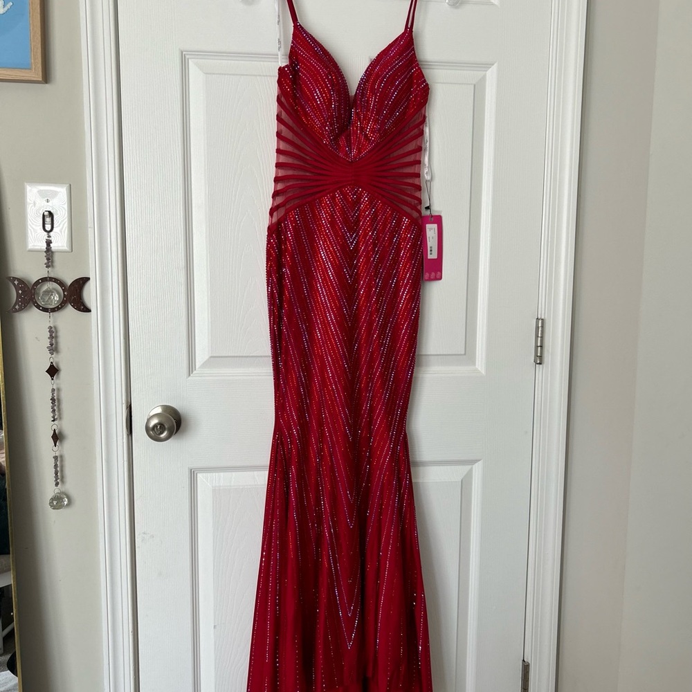 Ellie Wilde Red Rhinestone Prom Dress - Picture 4 of 9
